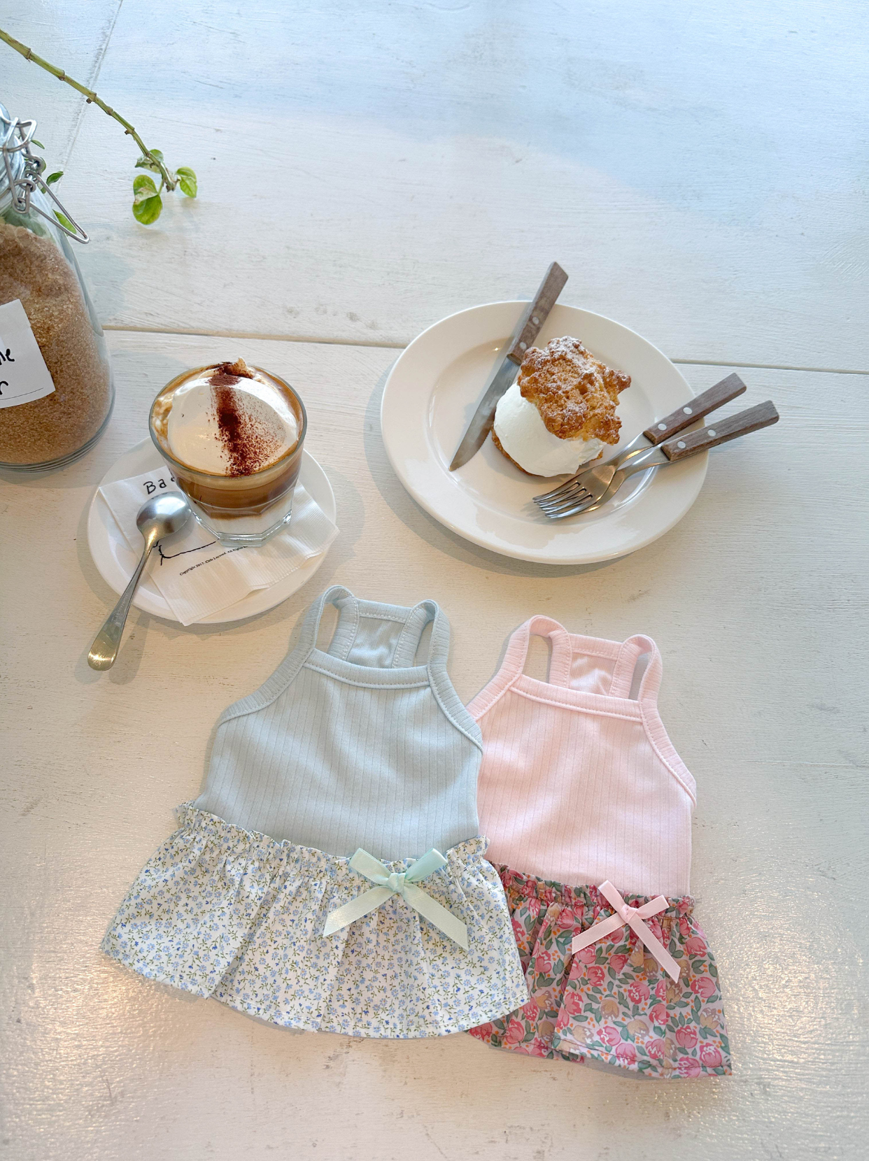 Afternoon Garden Dress in pink and blue flat lay