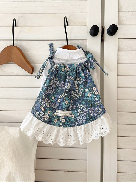 Blue floral tie-strap dog dress made of KOKKA 100% cotton