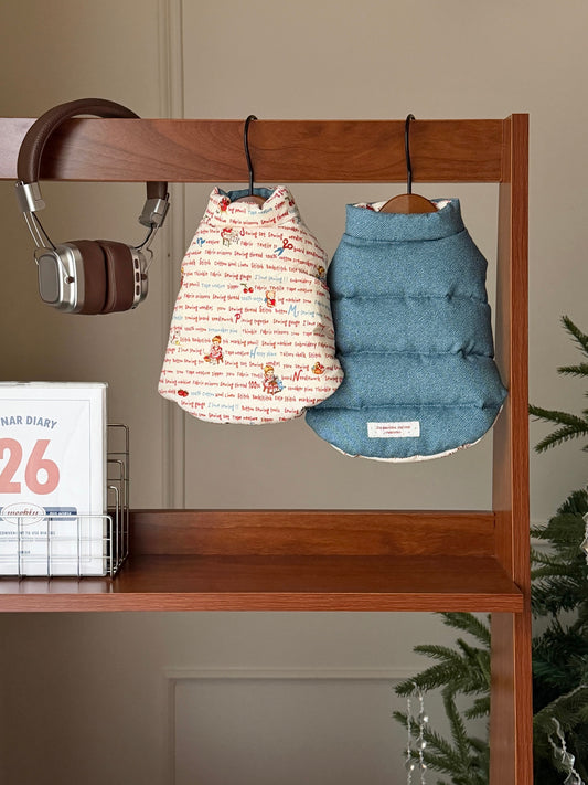 Reversible down dog vest flat lay showing durable cotton denim side