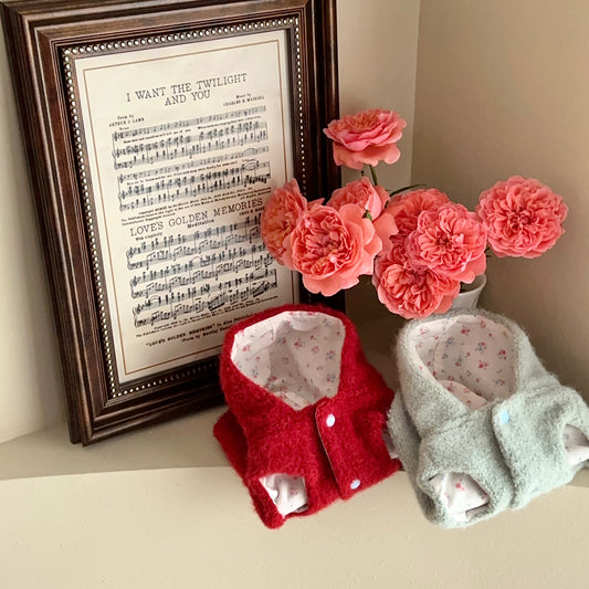 Green fuzzy hooded dog vest flat lay with cotton floral lining and blue snap buttons
