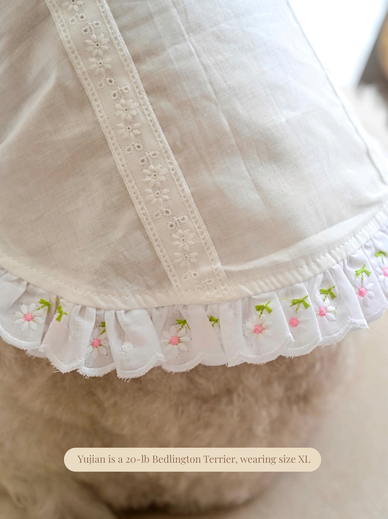 Fabric and stitching detail of Pawlorful white dog shirt