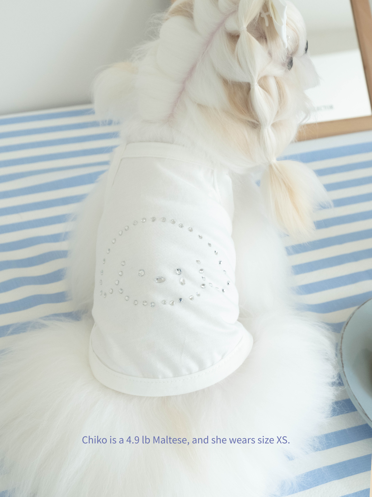 Close-up of rhinestone puppy embellishment on white dog tank top